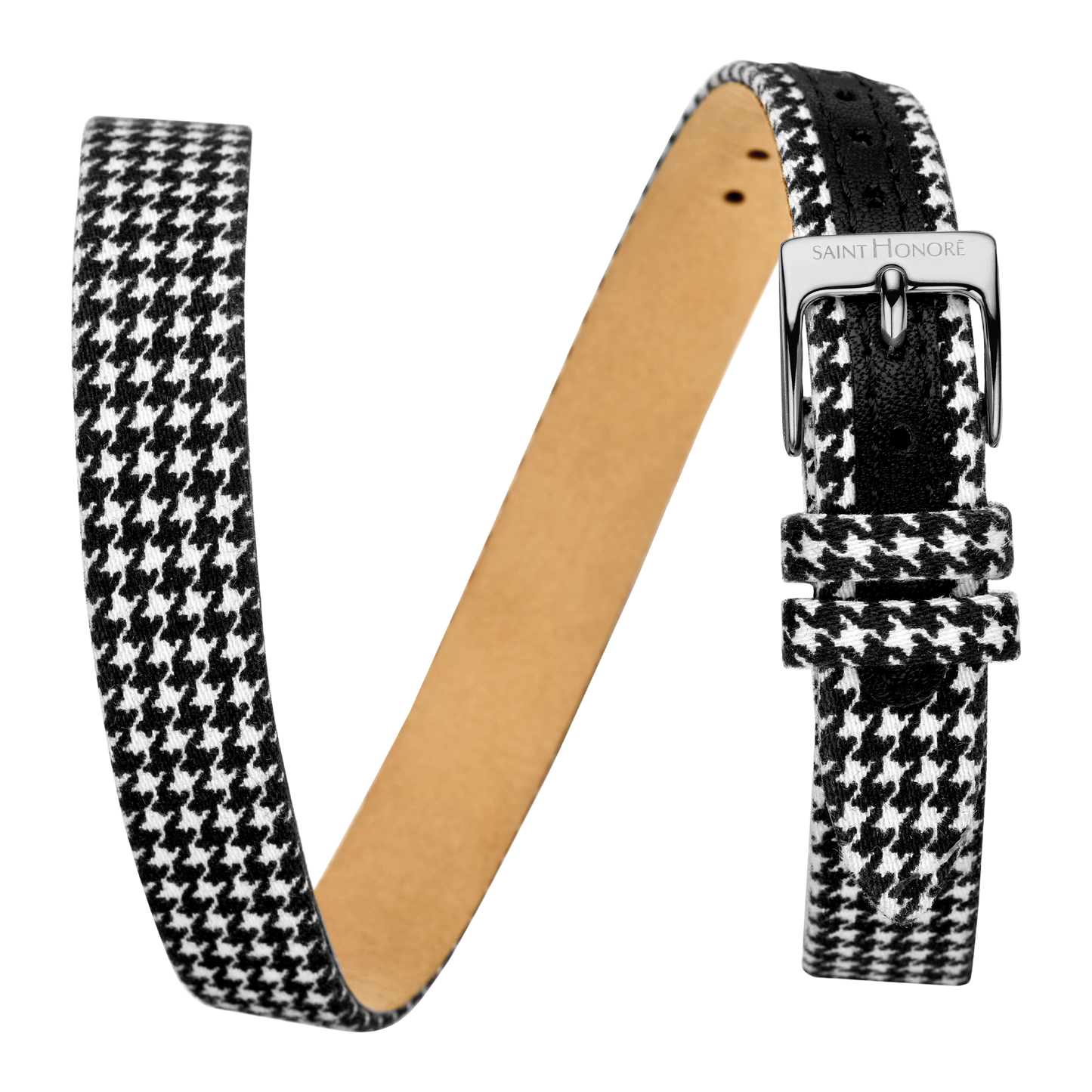 Bracelet double tour cuir véritable 12mm avec motif pied de poule