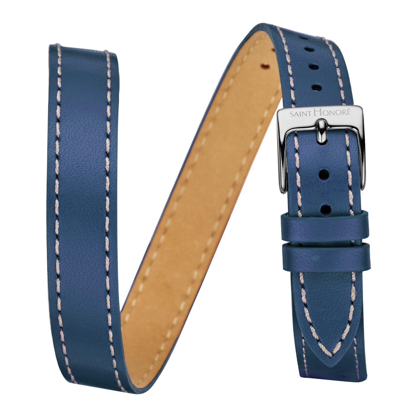 Bracelet double tour cuir véritable 12mm sellier bleu